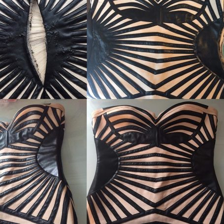 Repaired dress Repaired corset style dress. Top left shows the dress ripped, bottom right shows the full repair